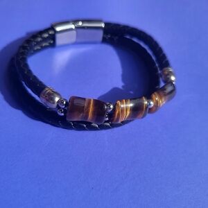 Rectangular Tigers Eye Braided Black Bracelet
